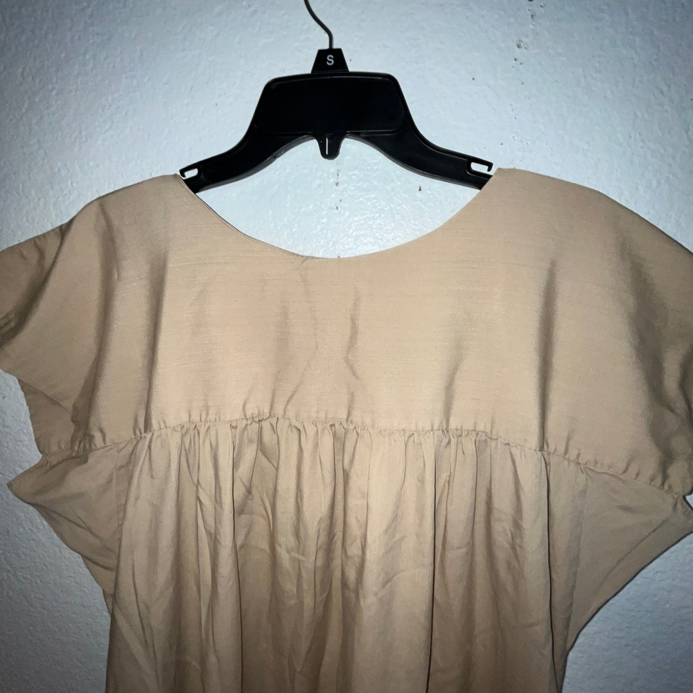 Vintage Tan‎ Floral Applique Shift Mumu Dress Short Sleeve Pockets Tan M - Picture 8 of 9